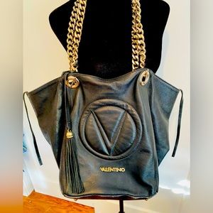 Valentino Luisa Black with Gold Chain Large Tote Bag